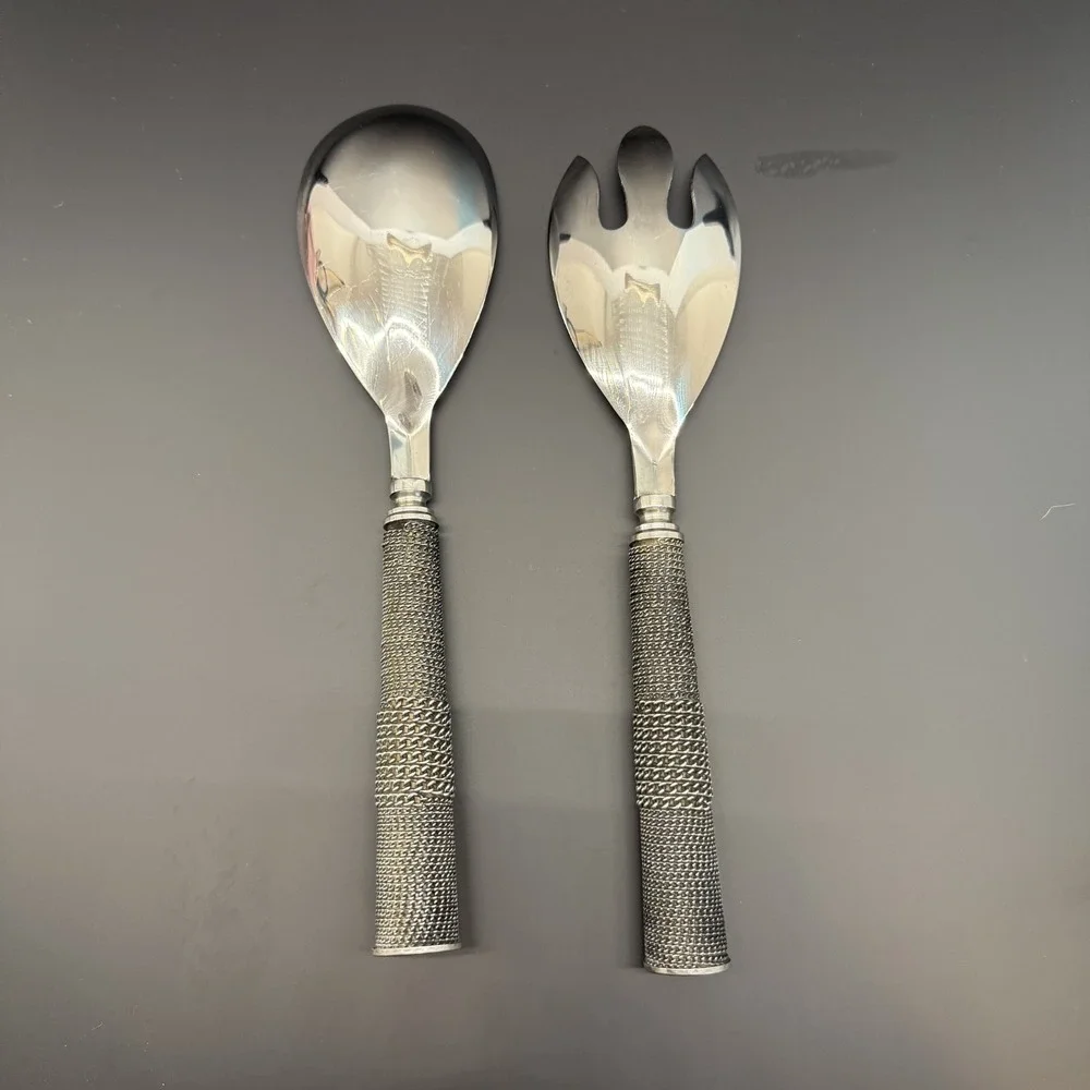 Vtg Silver Salad‎ Servers Woven Wire Mesh Handles Y2K Postmodern Godinger Style